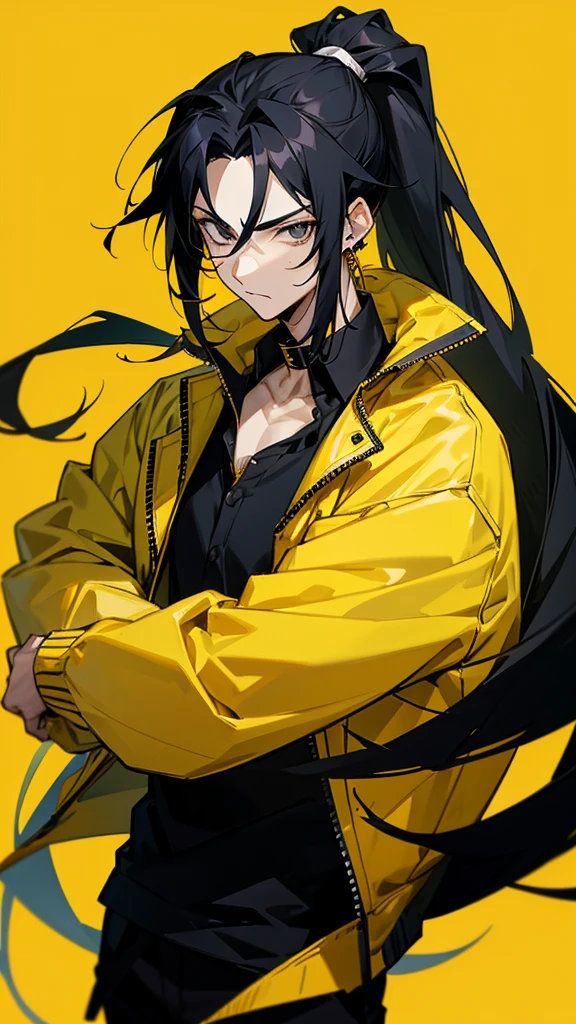Male character with black hair with a half ponytail and a yellow jacket black eyes u. Black collar, black shirt, anime style, manga style and long hair that is from an anime drawing. With a black shirt with yellow earrings and a yellow jacket with blood.