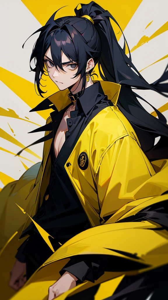 Male character with black hair with a half ponytail and a yellow jacket black eyes u. Black collar, black shirt, anime style, manga style and long hair that is from an anime drawing. With a black shirt with yellow earrings and a yellow jacket with blood.