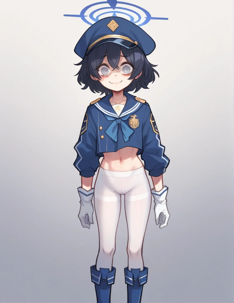 1 girl, alone, black fur, short hair, messy fur, Ahoge, grey eyes, blind eyes, kind eyes, very nervous, Beautiful smile, sweet look,
dark blue machinist uniform, The top part of the uniform reveals his abdomen and navel, a cap of the same color with gold tones, white and blue and white tights. Dark blue boots and white gloves on both hands. Minifalda azul
cosplay (Nozomi blue archive)