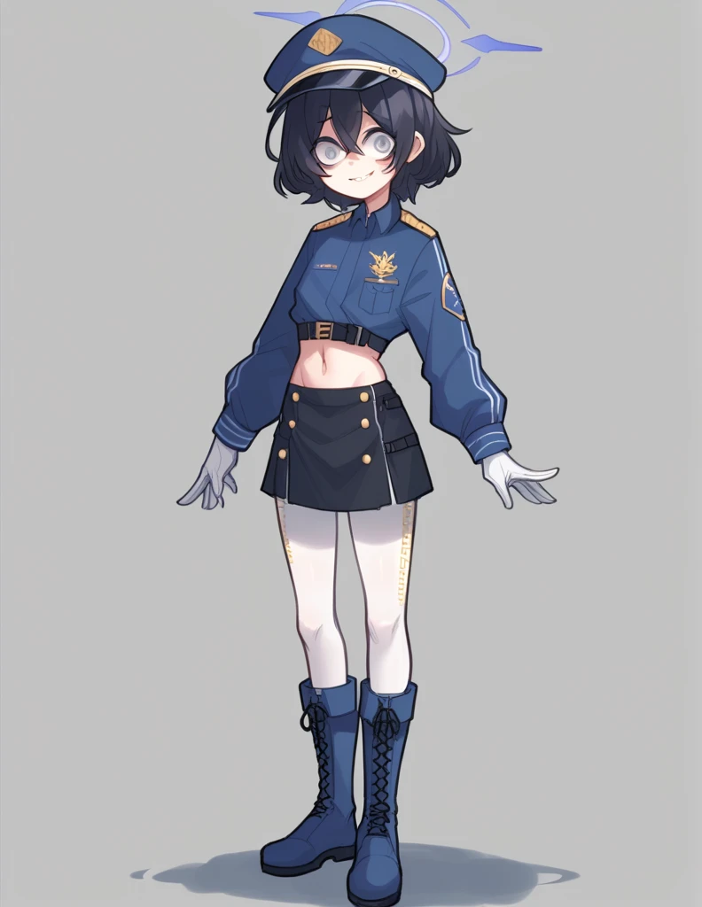 1 girl, alone, black fur, short hair, messy fur, Ahoge, grey eyes, blind eyes, kind eyes, very nervous, Beautiful smile, sweet look,
dark blue machinist uniform, The top part of the uniform reveals his abdomen and navel, a cap of the same color with gold tones, white and blue and white tights. Dark blue boots and white gloves on both hands. Minifalda azul
cosplay (Nozomi blue archive)