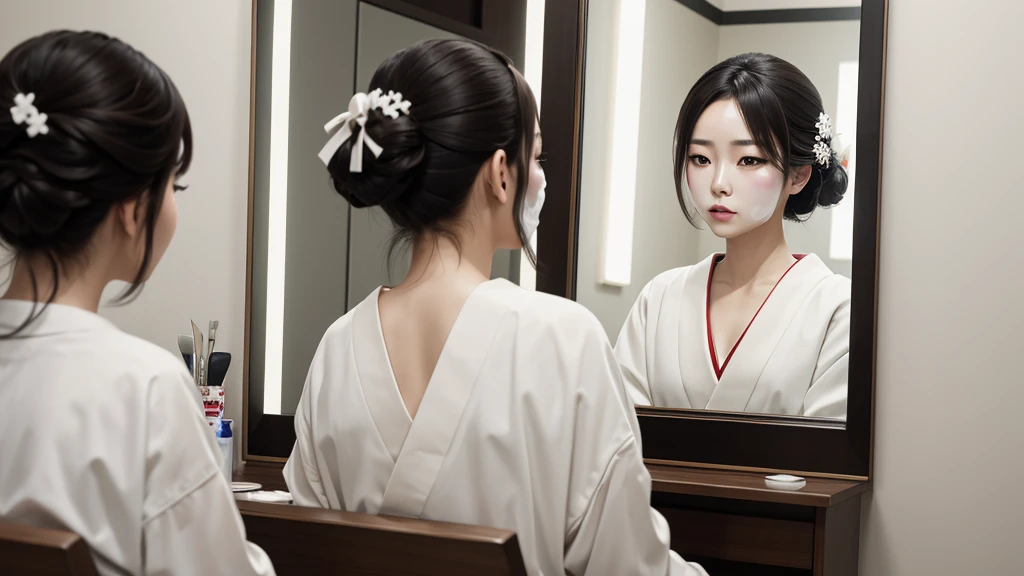 8k resolution, high image quality, real, maiko, woman, young, waiting room, facing the mirror, painting white powder on the face,