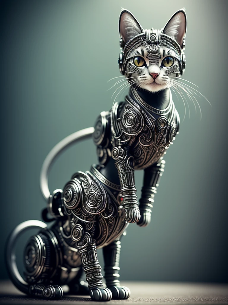 a cute kitten made out of metal, (cyborg:1.1), ([tail | detailed wire]:1.3), (intricate details), hdr, (intricate details, hyperdetailed:1.2), cinematic shot, Vignette, centered
