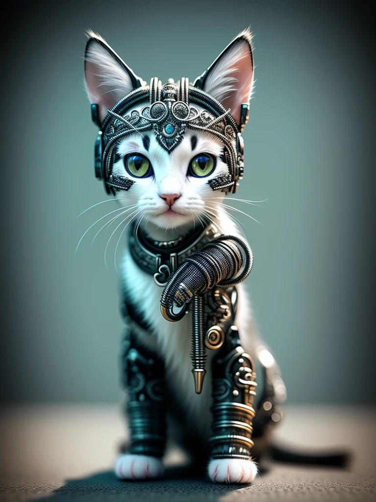 a cute kitten made out of metal, (cyborg:1.1), ([tail | detailed wire]:1.3), (intricate details), hdr, (intricate details, hyperdetailed:1.2), cinematic shot, Vignette, centered