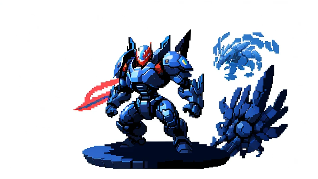 white background, ultra detailed, game protagonist, pixel art, humanoid dark blue mecha robot character with giant limbs using a cloak and floating like ironman, from sidescroller game