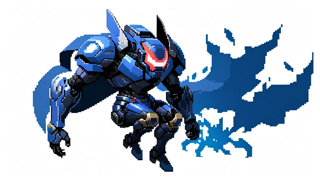 white background, ultra detailed, game protagonist, pixel art, humanoid dark blue mecha robot character with giant limbs using a cloak and floating like ironman, from sidescroller game