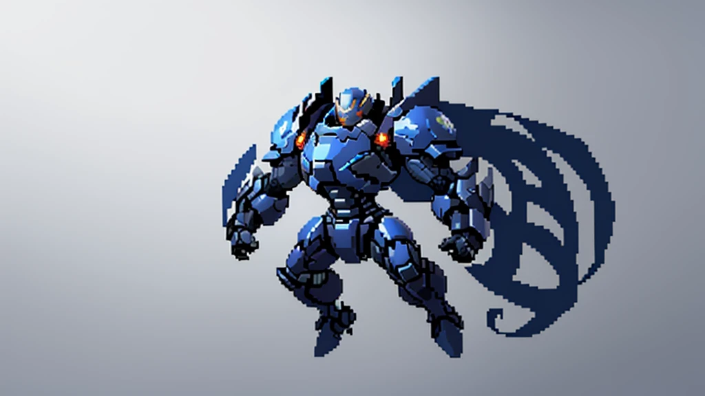 white background, ultra detailed, game protagonist, pixel art, humanoid dark blue mecha robot character with giant limbs using a cloak and floating like ironman, from sidescroller game