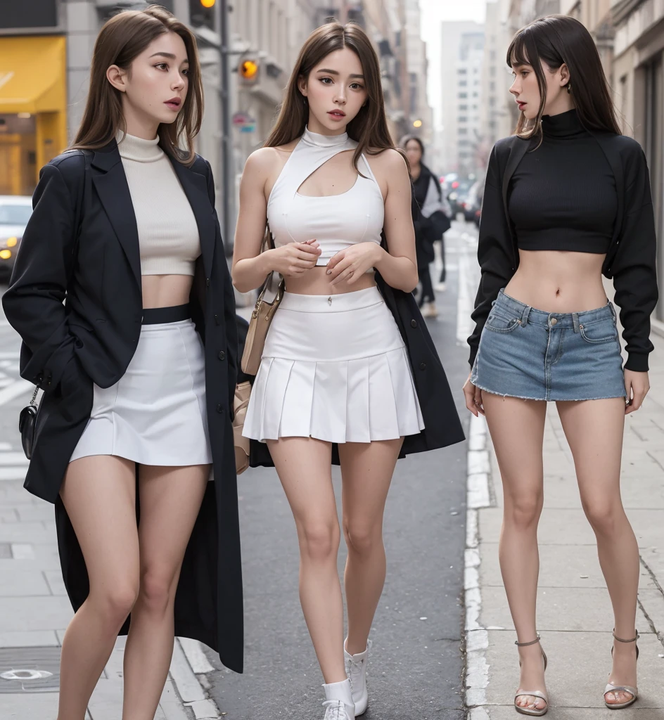 A woman in a skirt and jacket walking on a sidewalk, Violet Myers, wear jacket and skirt, with white skirt, Julia Fuentes, Cropped shirt with jacket, Ava Max, Cindy Avelino, Dua Lipa, carla ortiz, Wear crop top and miniskirt, Wear simple, tight clothing, thin waist and thick hips, Young cute full body, profile picture
