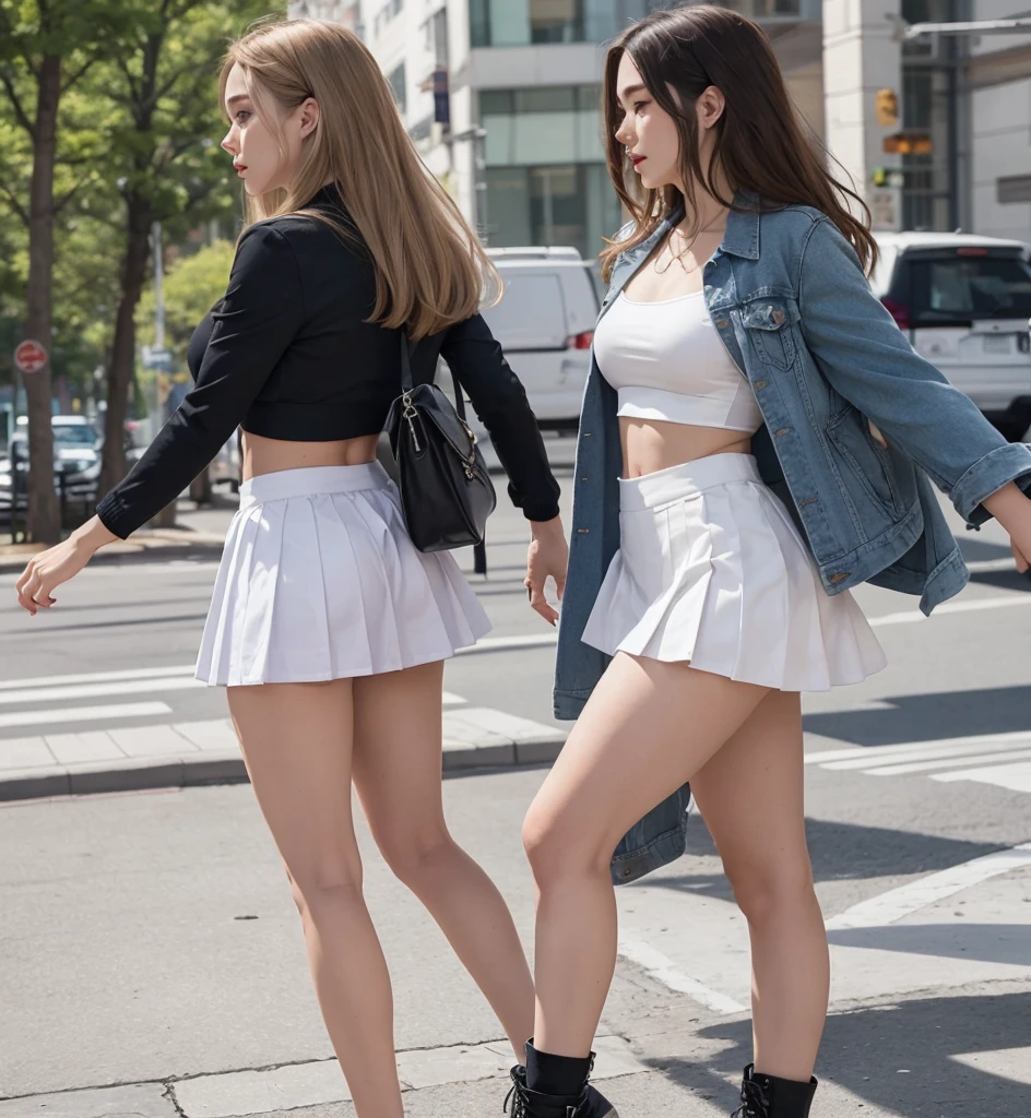 A woman in a skirt and jacket walking on a sidewalk, Violet Myers, wear jacket and skirt, with white skirt, Julia Fuentes, Cropped shirt with jacket, Ava Max, Cindy Avelino, Dua Lipa, carla ortiz, Wear crop top and miniskirt, Wear simple, tight clothing, thin waist and thick hips, Young cute full body, profile picture