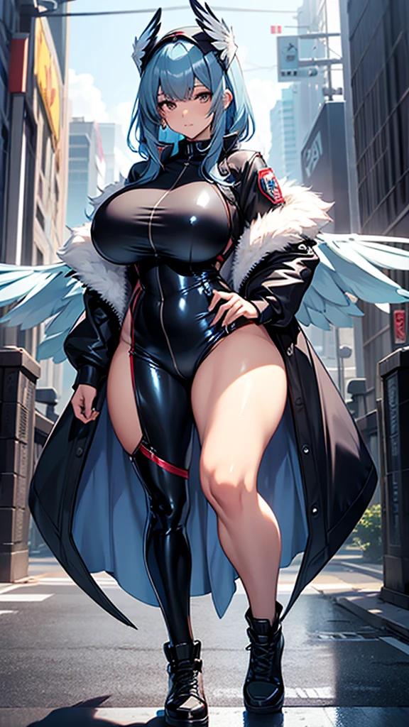 one woman, winged girl, large wing , Long tail, cadet-blue hair, strong, firm body, thick thighs, big breasts, muscular arms, casual clothes, sfw, sexy, full body, masterpiece, highly detailed, shiny clothes, latex, tall women,