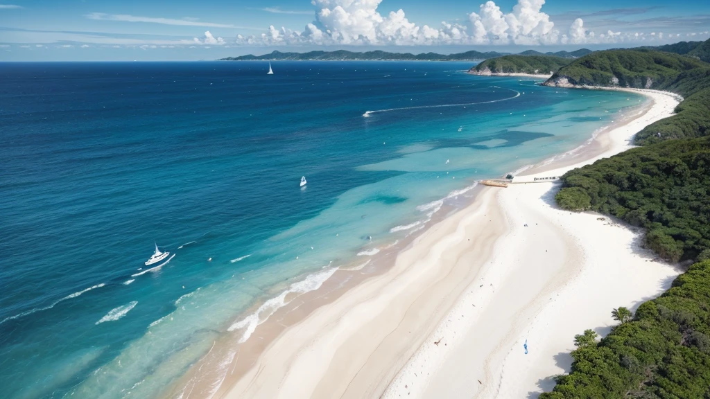 Blue ocean waves、White beach、Many women in swimsuits、whole body、Back view、A yacht floats in the distant sea