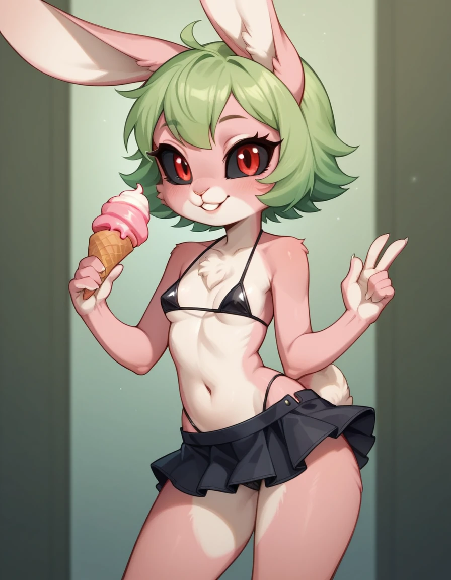 score_9, score_8_up, score_7_up, score_6_up, score_5_up, score_4_up, BREAK rating_explicit, source_furry, solo female rabbit, posing sexy, 1girl, rabbit, anthro, detailed face, standing,((micro top, mini skirt,holding an ice cream)),(((Black Sclera:1.5, red eyes))), female focus, solo, anthro, smile, seductive, smile, small breasts, cheek tuft, chest tuft, eyelashes, eyelids, facial tuft, light beige fur,((Pink skin, pink fur)),((rabbit tail)), two-tone body, two-tone fur,((smal body,young,li)),((Green hair, short hair)