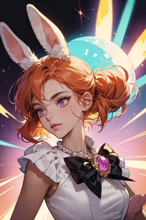 Jitter Critter is a tan skinned girl hare, with some areas of her body in a black and lighter tan color. She has ginger hair or fur into victory rolls, pure black eyes, and a pink nose. She wears a cyan pearl necklace with a purple ornate brooch on the center of it. SPARKLE; GLITTER