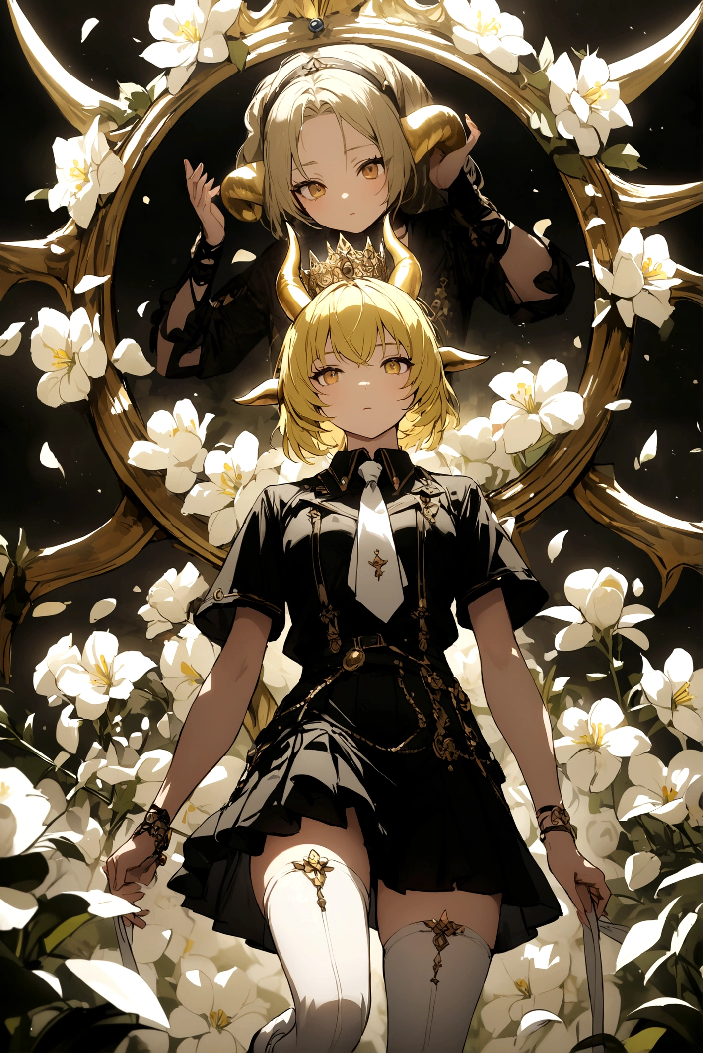 Famen character with yellow hair and a crown of white flowers and golden horns, a black shirt with short sleeves and a white tie and a black skirt with stockings and white shoes