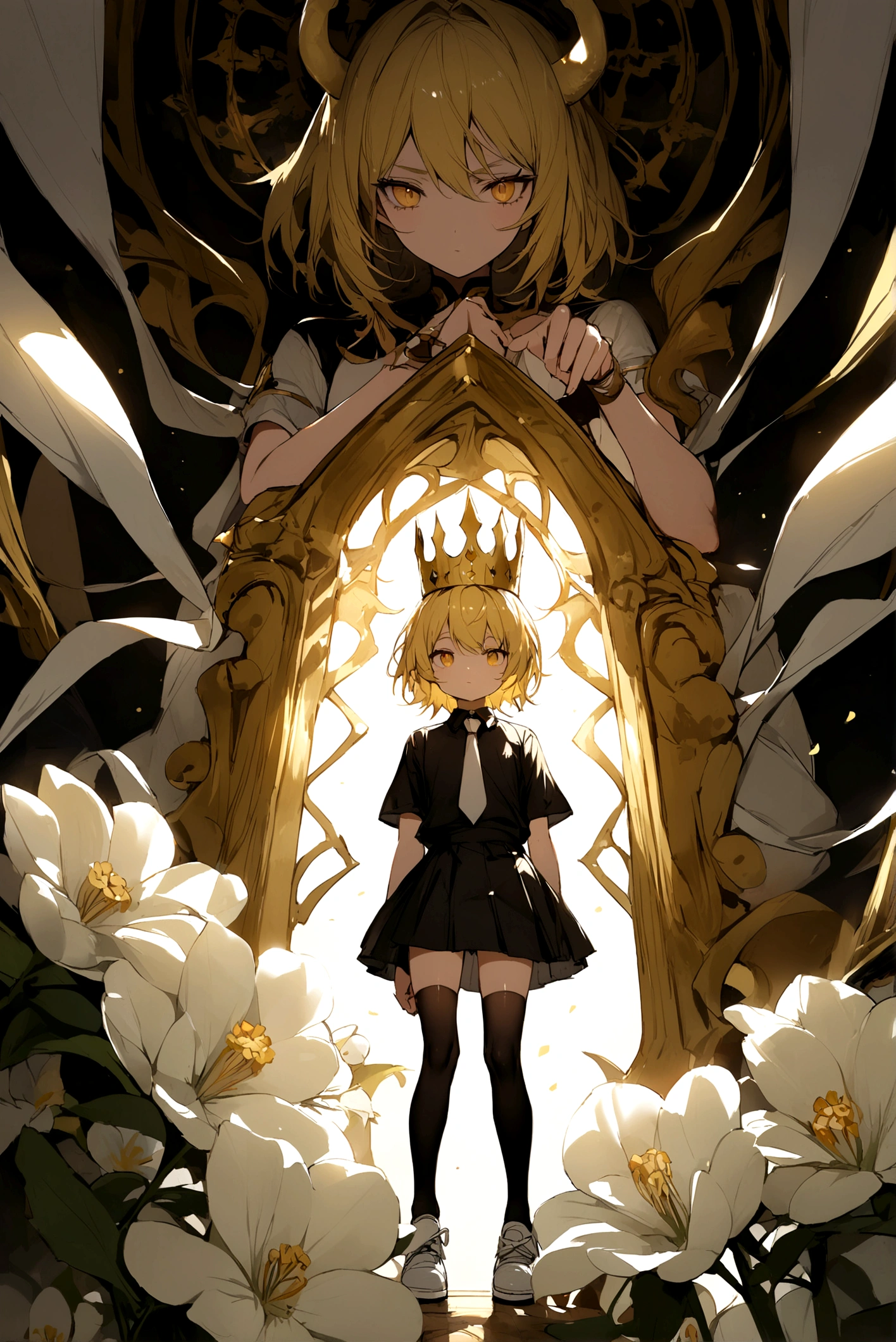 Famen character with yellow hair and a crown of white flowers and golden horns, a black shirt with short sleeves and a white tie and a black skirt with stockings and white shoes