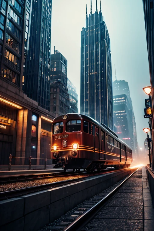 a detailed, photorealistic electric locomotive in a big city, 1930s art deco style, Metrovick locomotive, Metropolitan-Vickers, futuristic, Metropolis (1927) by Fritz Lang, dramatic lighting, shiny metal surfaces, intricate machinery, steam and smoke, skyscrapers in the background, dynamic cityscape, warm color palette, cinematic composition, best quality, 8k, highly detailed