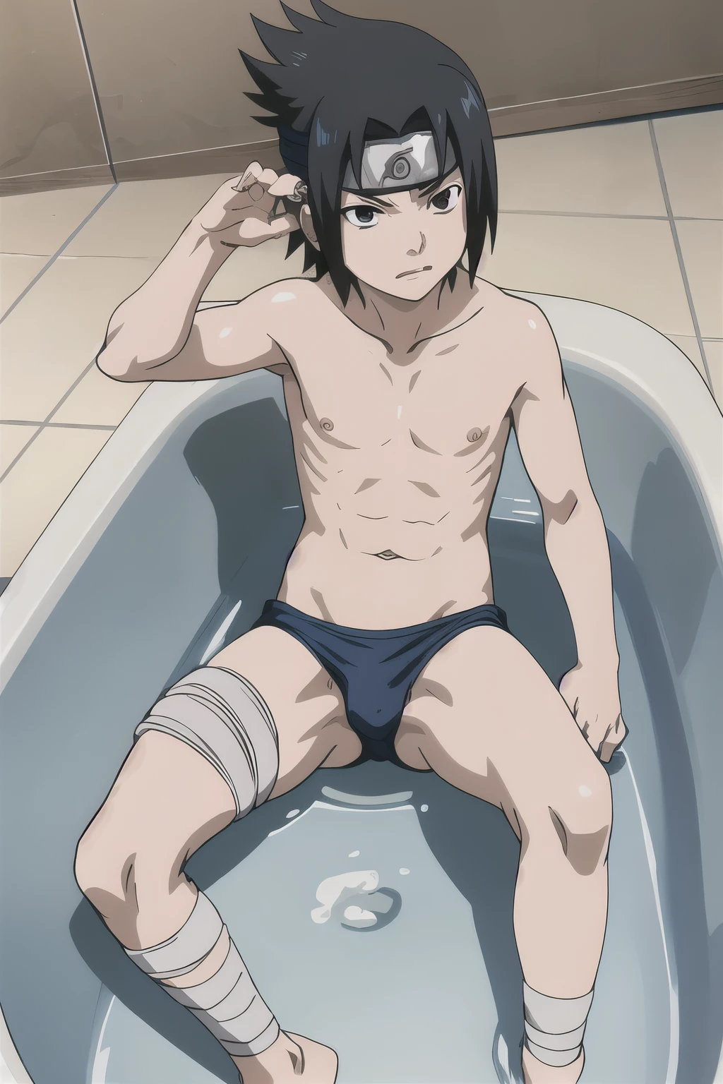 Sasuke, shirtless, red briefs, bathtub, 12-year-old boys,