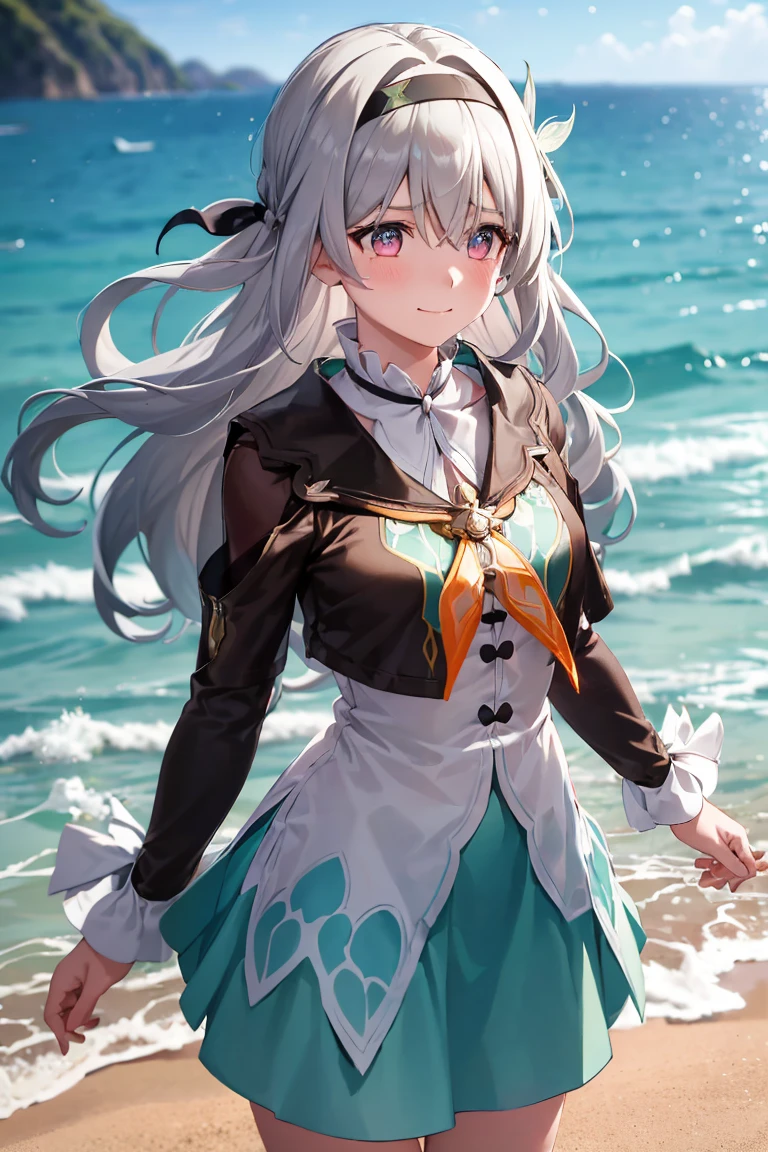 A girl came out of the sea, 1 Girl,Liuying,Gray hair,Bangs,Long sleeve,Hair accessories,Black jacket,Black hair band,high quality,Green Dress,High Leg Raise,skirt, Half a smile, A gentle expression on his face, Background seascape and sunlight, Seagulls in the sky, full length,  Photorealism Crying Blushing