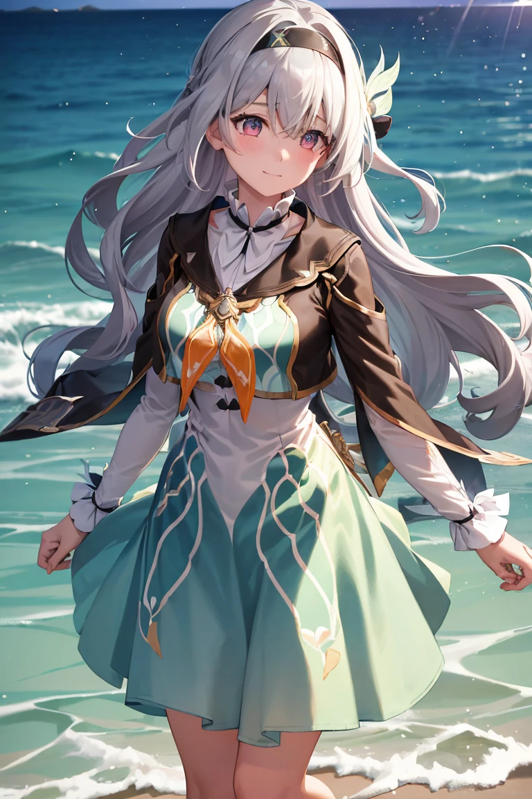 A girl came out of the sea, 1 Girl,Liuying,Gray hair,Bangs,Long sleeve,Hair accessories,Black jacket,Black hair band,high quality,Green Dress,High Leg Raise,skirt, Half a smile, A gentle expression on his face, Background seascape and sunlight, Seagulls in the sky, full length,  Photorealism Crying Blushing