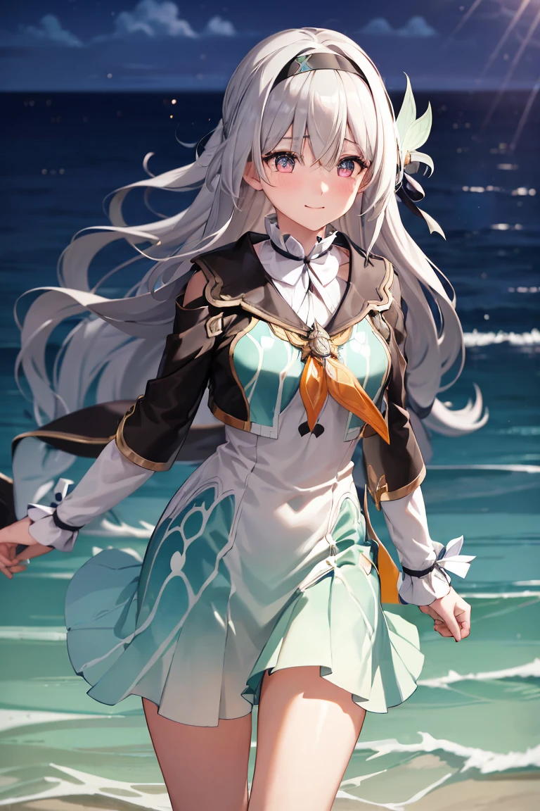 A girl came out of the sea, 1 Girl,Liuying,Gray hair,Bangs,Long sleeve,Hair accessories,Black jacket,Black hair band,high quality,Green Dress,High Leg Raise,skirt, Half a smile, A gentle expression on his face, Background seascape and sunlight, Seagulls in the sky, full length,  Photorealism Crying Blushing
