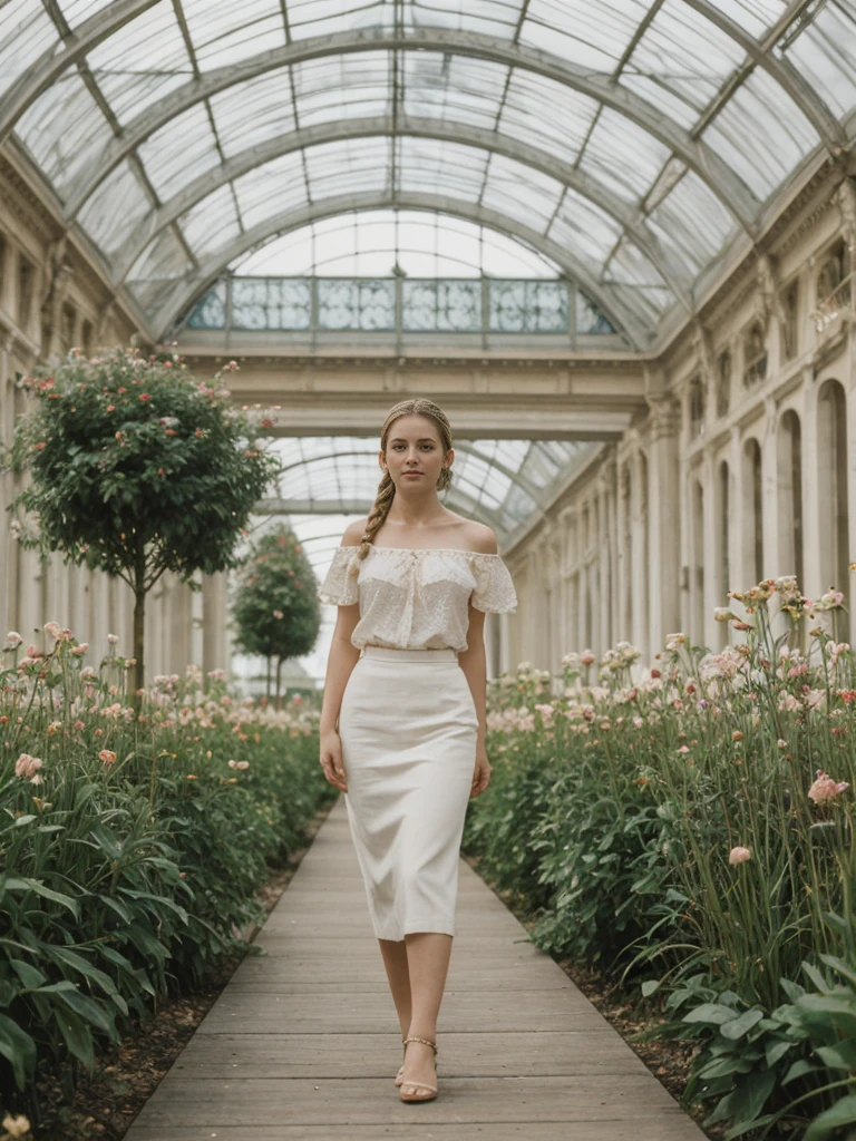 her name is Elle, high quality, 1girl, ((20-year-old fit Caucasian woman)), ((20 years old)), ((fit)), ((pale skin)), ((French Braids blonde hair)) , wearing Off-Shoulder Satin Blouse+ High-Waisted Pencil Skirt, pose: standing, background: The former railway station that is now the Musée d'Orsay houses stunning works of Impressionist art. You stand before Monet’s "Water Lilies," captivated by the play of light and color. The open space, filled with the sound of soft footsteps and whispers, along with the scent of polished wood and faint traces of paint, creates a serene and inspiring environment.