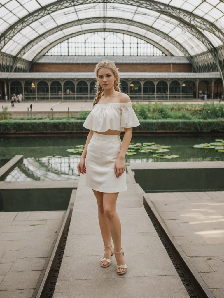 her name is Elle, high quality, 1girl, ((20-year-old fit Caucasian woman)), ((20 years old)), ((fit)), ((pale skin)), ((French Braids blonde hair)) , wearing Off-Shoulder Satin Blouse+ High-Waisted Pencil Skirt, pose: standing, background:  The former railway station that is now the Musée d'Orsay houses stunning works of Impressionist art. You stand before Monet’s "Water Lilies," captivated by the play of light and color. The open space, filled with the sound of soft footsteps and whispers, along with the scent of polished wood and faint traces of paint, creates a serene and inspiring environment.