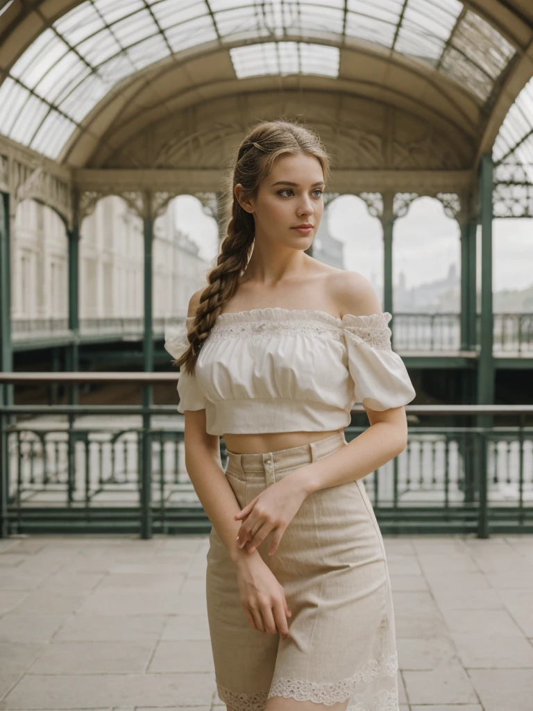 her name is Elle, high quality, 1girl, ((20-year-old fit Caucasian woman)), ((20 years old)), ((fit)), ((pale skin)), ((French Braids blonde hair)) , wearing Off-Shoulder Satin Blouse+ High-Waisted Pencil Skirt, pose: standing, background:  The former railway station that is now the Musée d'Orsay houses stunning works of Impressionist art. You stand before Monet’s "Water Lilies," captivated by the play of light and color. The open space, filled with the sound of soft footsteps and whispers, along with the scent of polished wood and faint traces of paint, creates a serene and inspiring environment.