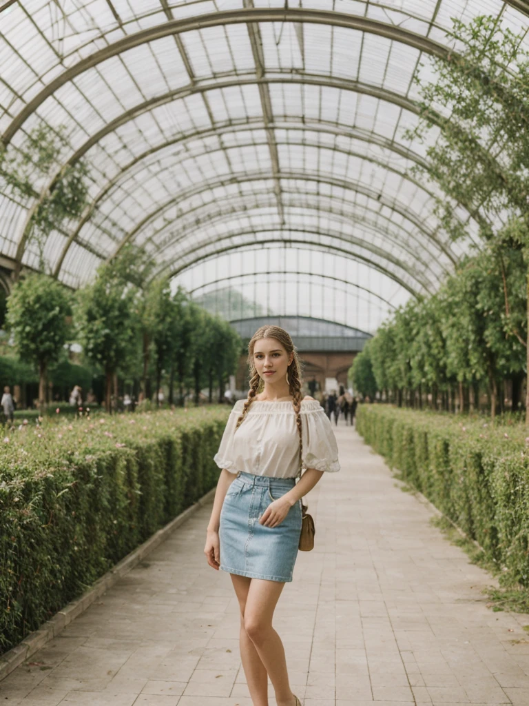 her name is Elle, high quality, 1girl, ((20-year-old fit Caucasian woman)), ((20 years old)), ((fit)), ((pale skin)), ((French Braids blonde hair)) , wearing Off-Shoulder Satin Blouse+ High-Waisted Pencil Skirt, pose: standing, background:  The former railway station that is now the Musée d'Orsay houses stunning works of Impressionist art. You stand before Monet’s "Water Lilies," captivated by the play of light and color. The open space, filled with the sound of soft footsteps and whispers, along with the scent of polished wood and faint traces of paint, creates a serene and inspiring environment.