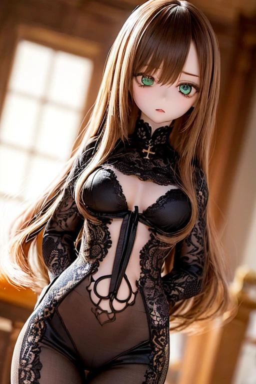 photorealistic, realistic photo, ((highest quality)), ((masterpiece)), (extremely detailed), kukolnydom, doll, (mature woman:1.6), solo, ((cowboy shot)), (skinny, slender, slim, brown hair, medium hair, dynamic pose), detailed face, green eyes, parted lips, (looking down, gradient eyes, shining eyes, eyes out of focus, emotionless eyes, blank stare, empty eyes, detailed eyes:1.3), castle, 8k