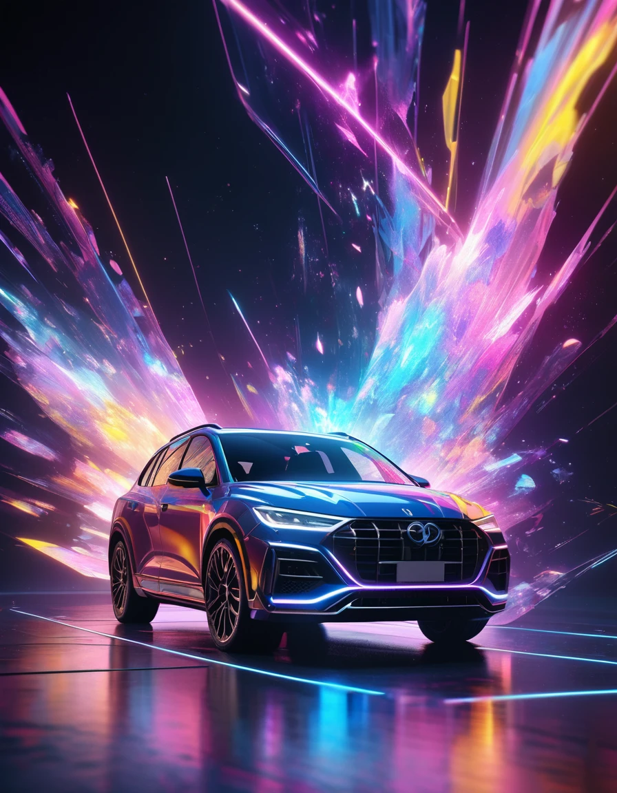 holography, draw in neon colors ((car)): car: ((floating)), transparent, Three dimensions, light, sf, digital art, Digital, scientific, dark background: electronic circuit: draw in neon colors, 3d, masterpiece, Digital space, energy, beautiful, masterpiece, 8K, light, be familiar with, lively, colorful, nice, beautiful, rich colors, beautiful Light Lines. magic effect, Sparkling, beautiful Light Grains