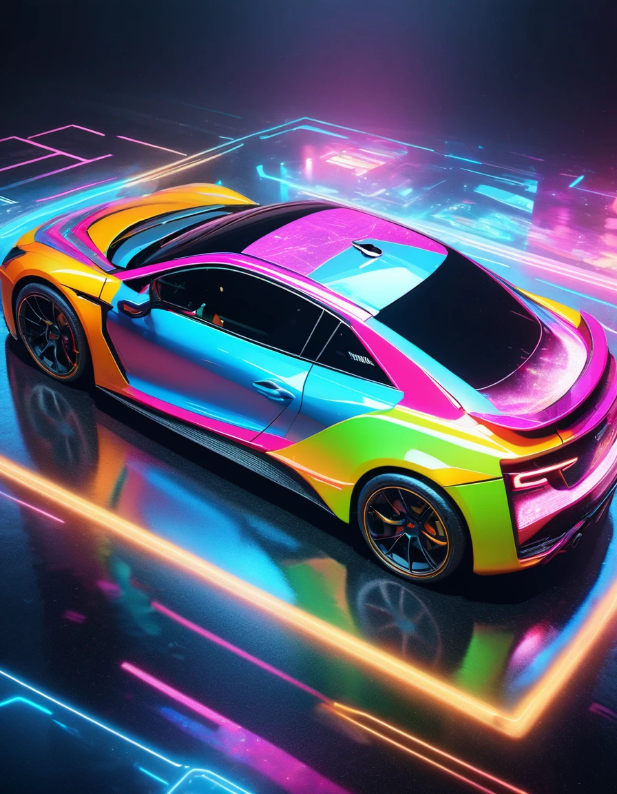 holography, draw in neon colors ((car)): car: ((floating)), transparent, Three dimensions, light, sf, digital art, Digital, scientific, dark background: electronic circuit: draw in neon colors, 3d, masterpiece, Digital space, energy, beautiful, masterpiece, 8K, light, be familiar with, lively, colorful, nice, beautiful, rich colors, beautiful Light Lines. magic effect, Sparkling, beautiful Light Grains