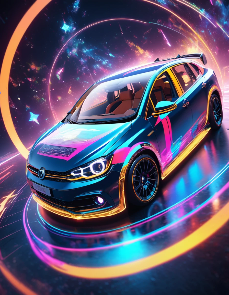 holography, draw in neon colors ((car)): car: ((floating)), transparent, Three dimensions, light, sf, digital art, Digital, scientific, dark background: electronic circuit: draw in neon colors, 3d, masterpiece, Digital space, energy, beautiful, masterpiece, 8K, light, be familiar with, lively, colorful, nice, beautiful, rich colors, beautiful Light Lines. magic effect, Sparkling, beautiful Light Grains