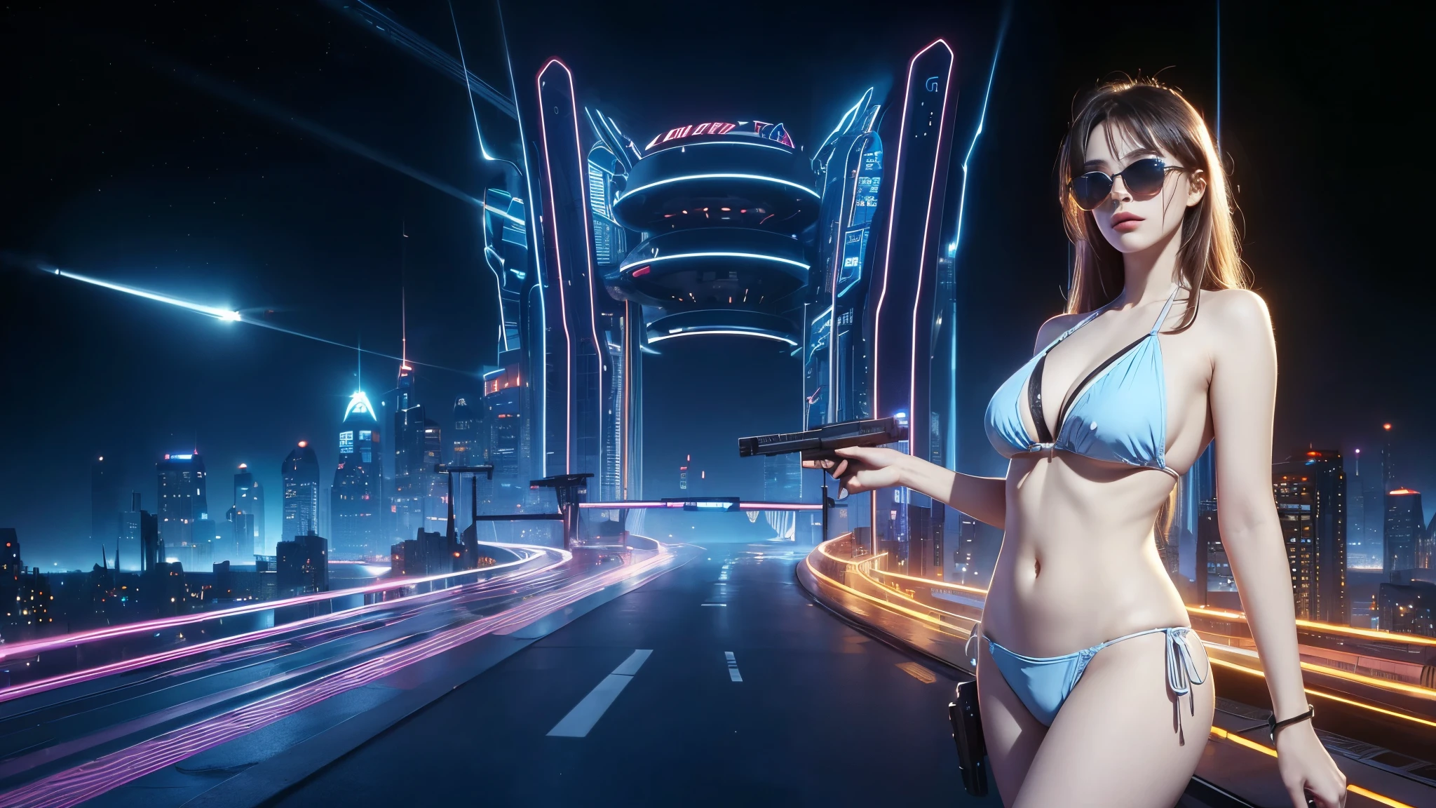 (((a medium-breast bikini slim GIRL with black (micro) sunglasses))), (((((aiming at viewer with a pistol))))), a balcony of a futuristic building, aerial view of an ultra-futuristic megalopolis, metal buildings and houses in dark colors from dark blue to black, shades of metal gray, smoky metal structures, industrial environment with smoke and fog around, dark cars on the streets, desert megalopolis, modern metal rails and trains passing through, tall futuristic metal buildings, ultra modern buildings, (((((futuristic harbour))))), realistic, detailed, sci-fi.