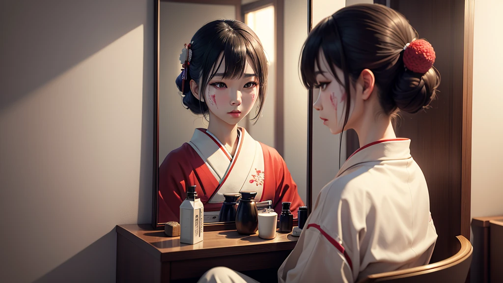8k resolution, high image quality, real, maiko, woman, young, waiting room, facing the mirror, painting white powder on the face,