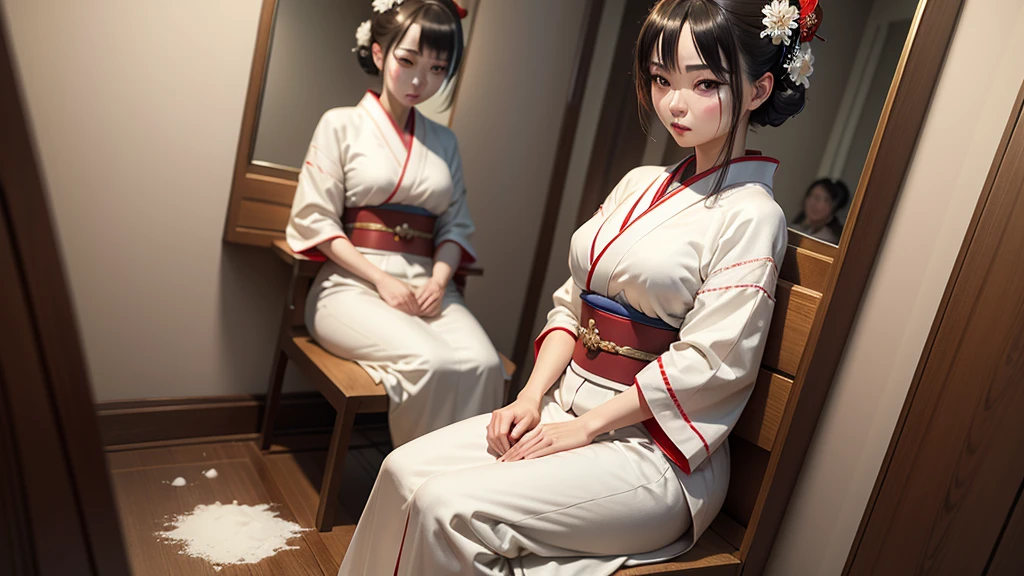 8k resolution, high image quality, real, maiko, woman, young, waiting room, facing the mirror, painting white powder on the face,
