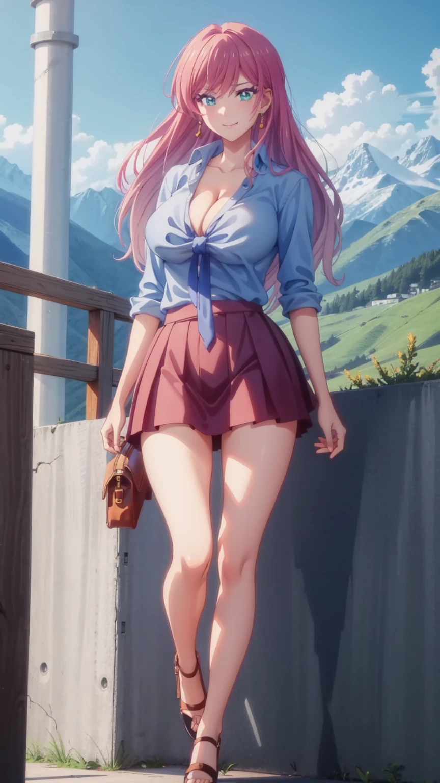 1 girl, very big breasts, very sexy body, 1 girl in, a smile, looks at the viewer, black shirt, super short white school miniskirt, full body, giant breasts, cleavage, giant breasts, heels, background in the mountains 1 girl , with big breasts. long legs QUEEN huge tits, (cleavage), high legs, (standing), sexy and muscular body. short skirt.4k hd