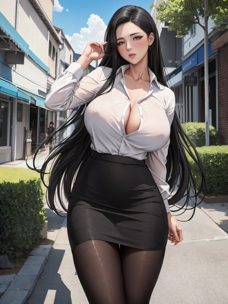 (8k, RAW photo, The best quality, Masterpiece:1.2),1girl,only,mature female,long hair,black hair, old,neckline,White shirt,pencil skirt,black pantyhose,outdoor,looking at the viewer,Standing, BLUSH, drunk