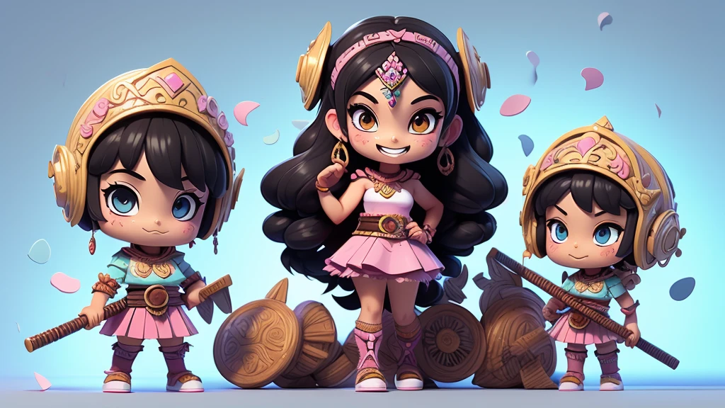 Black and white, zombie mayan warrior holding punk aztec weapons. black hair brunette, dream pastel anime. pastel kawaii tech colors, moecore. chibicore. Cute and soft shoujo anime style. smiling, mouth open, full body, psicion t