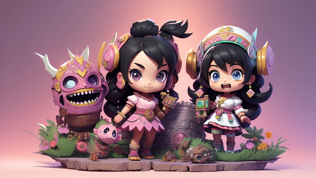 Black and white, zombie mayan warrior holding punk aztec weapons. black hair brunette, dream pastel anime. pastel kawaii tech colors, moecore. chibicore. Cute and soft shoujo anime style. smiling, mouth open, full body, psicion t
