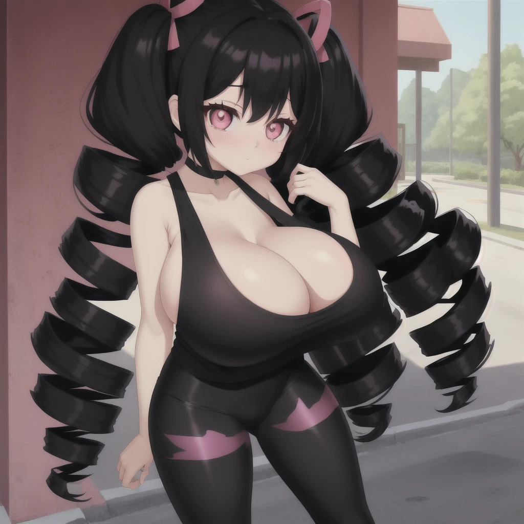 black hair, female, twin drills, solo, smol, pink eyes, massive breasts, oppai , very long hair, wear open cut black tight tank top and red leggings, masterpiece, ultra high quality