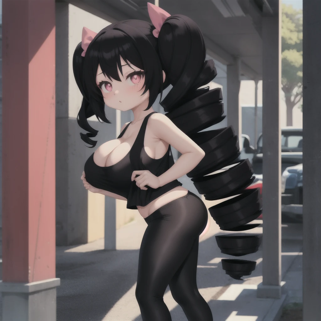 black hair, female, twin drills, solo, smol, pink eyes, massive breasts, oppai loli, very long hair, wear open cut black tight tank top and red leggings, masterpiece, ultra high quality