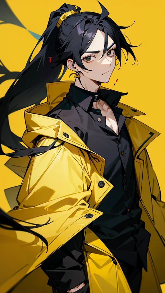 Male character with black hair with a half ponytail and a yellow jacket black eyes u. Black collar, black shirt, anime style, manga style and long hair that is from an anime drawing. With a black shirt with yellow earrings and a yellow jacket with blood.