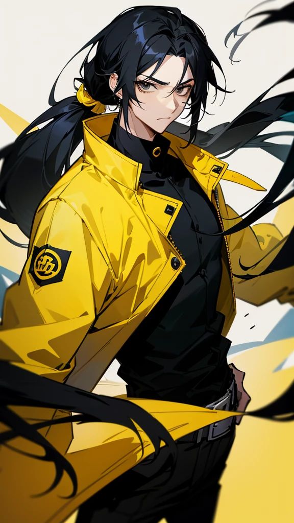 Male character with black hair with a half ponytail and a yellow jacket black eyes u. Black collar, black shirt, anime style, manga style and long hair that is from an anime drawing. With a black shirt with yellow earrings and a yellow jacket with blood. 
