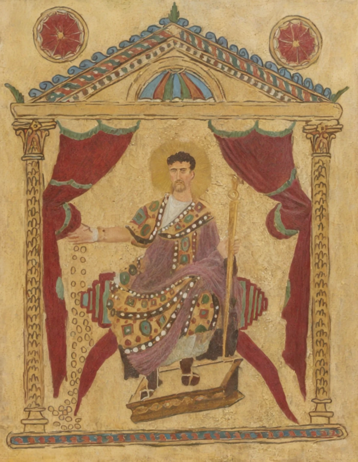 a close up of a painting of a man sitting on a chair, ancient roman painting, fresco painting, fresco, ancient greek painting, historical artistic depiction, holding his trident, the greek god of wine, inspired by Augustus Dunbier, seated on a throne, neoclassic painting, dionysus, man holding spear, roman emperor, ancient rome man, neo-classical painting
