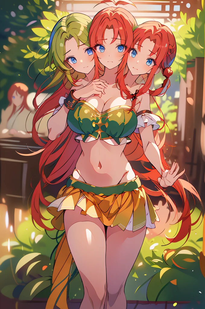 (masterpiece, best quality),best quality, (ultra-detailed), (3heads:1.5), 1girl, (ultra-detailed), (3heads:1.5), 1girl, (hong meiling:1.3), masterpiece, (best quality:1.5, highres, UHD), highres, absurdo, ultra detail, ultra quality, Ultra resolution, green top, crop top, ((stomach)), midriff, ((groin)), green skirt, miniskirt, normal ears, shackles, red hair, very long hair, wavy hair, sidelocks, blue eyes, parted lips, midriff, sweat, cute, toned belly, hand on own chest, eyelashes, (24 year old woman:1.3), (masterpiece:1.5), (best quality:1.5), (beautiful detailed), extremely detailed CG, extremely delicate and beautiful, depth of field, (finely detailed face), (perfect details:1.2), (mature female:1.3), wide pelvis, slender, large veiny breast, 16k resolution, high quality, high definition, extremely detailed, masterpiece, red hair, long hair, alluring presence, twin braid, short skirt, close up, very big tits, huge tits, young, striped, green beret, hair ornament, chinese clothes, star hat ornament, open belly, nsfw, redhead,