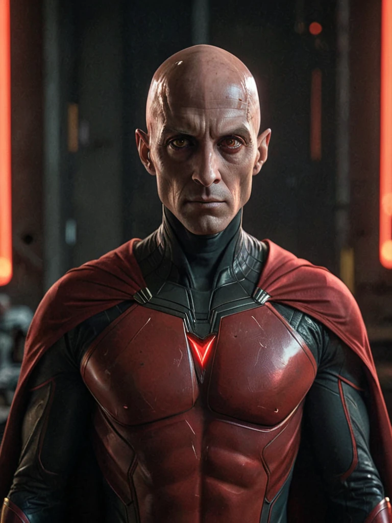 a highly detailed portrait of a distinguished alien character, bald and elongated head, large prominent eyes, arrogant expression, red cape, uniform with chest symbol, classic superhero aesthetic with alien twist, 8k, ultra-detailed, photorealistic, cinematic lighting, dramatic shadows, rich color palette, intricate textures, sharp focus, full body shot