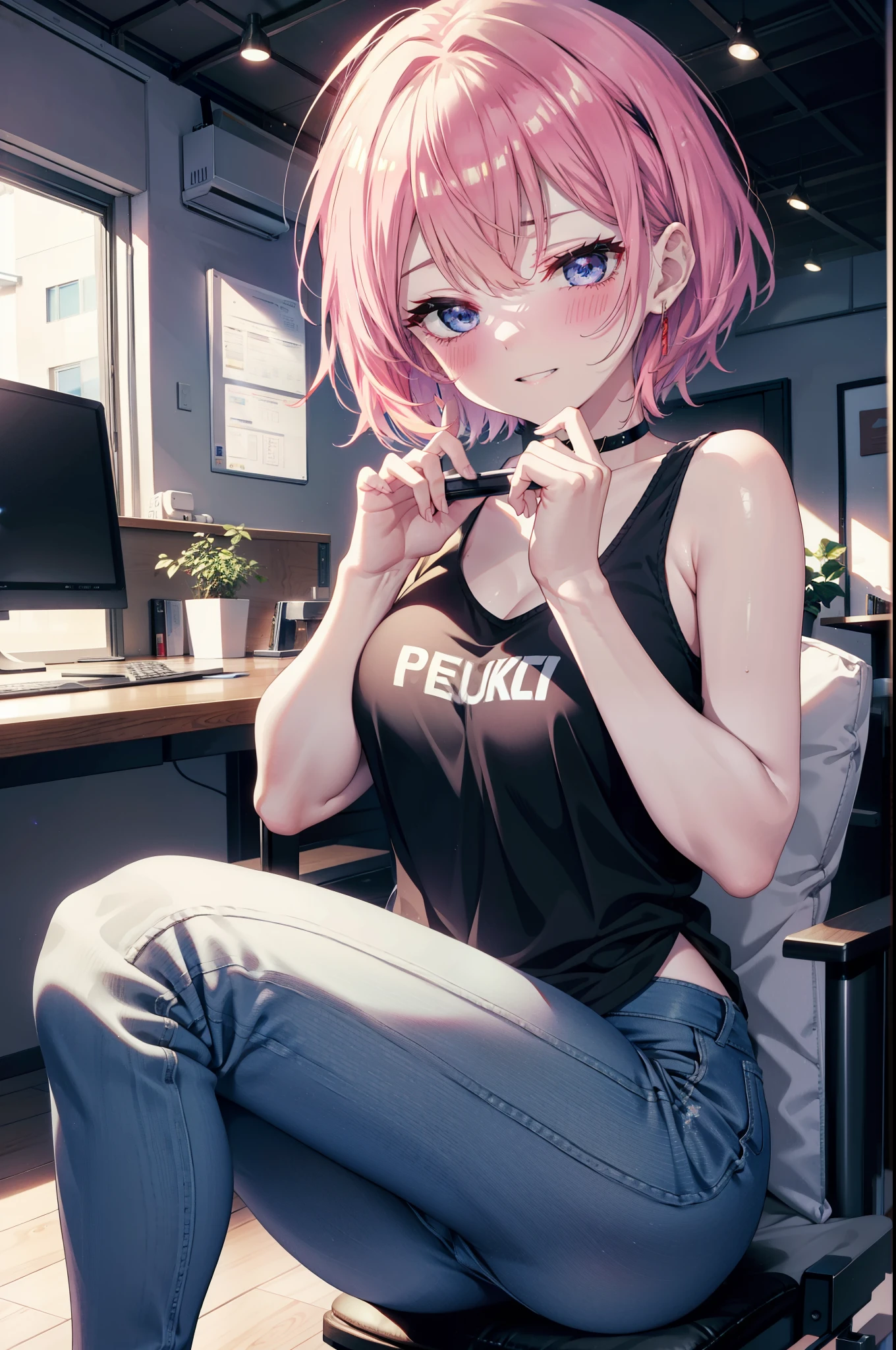 ichikanakano, Nakano Ichika, short hair, bangs, blue eyes, Hair between the eyes, Pink Hair, Grin,smile,black tank top shirt,Skinny jeans,Stiletto heels,interior,There is a computer on the table,whole bodyがイラストに入るように,Walking,Daytime,Clear skies,
break indoors, office,
break looking at viewer,whole body,
break (masterpiece:1.2), Highest quality, High resolution, unity 8k wallpaper, (figure:0.8), (Beautiful attention to detail:1.6), Highly detailed face, Perfect lighting, Highly detailed CG, (Perfect hands, Perfect Anatomy),
