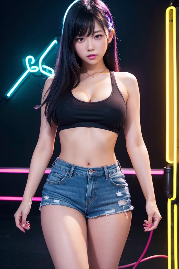 Girl,(( big tits)), hips, ((thighs)), ((perfect body)), sexy, mini shorts, ((neon lights)), music, (((neon))), lights, high quality, ((dancing)), Asian