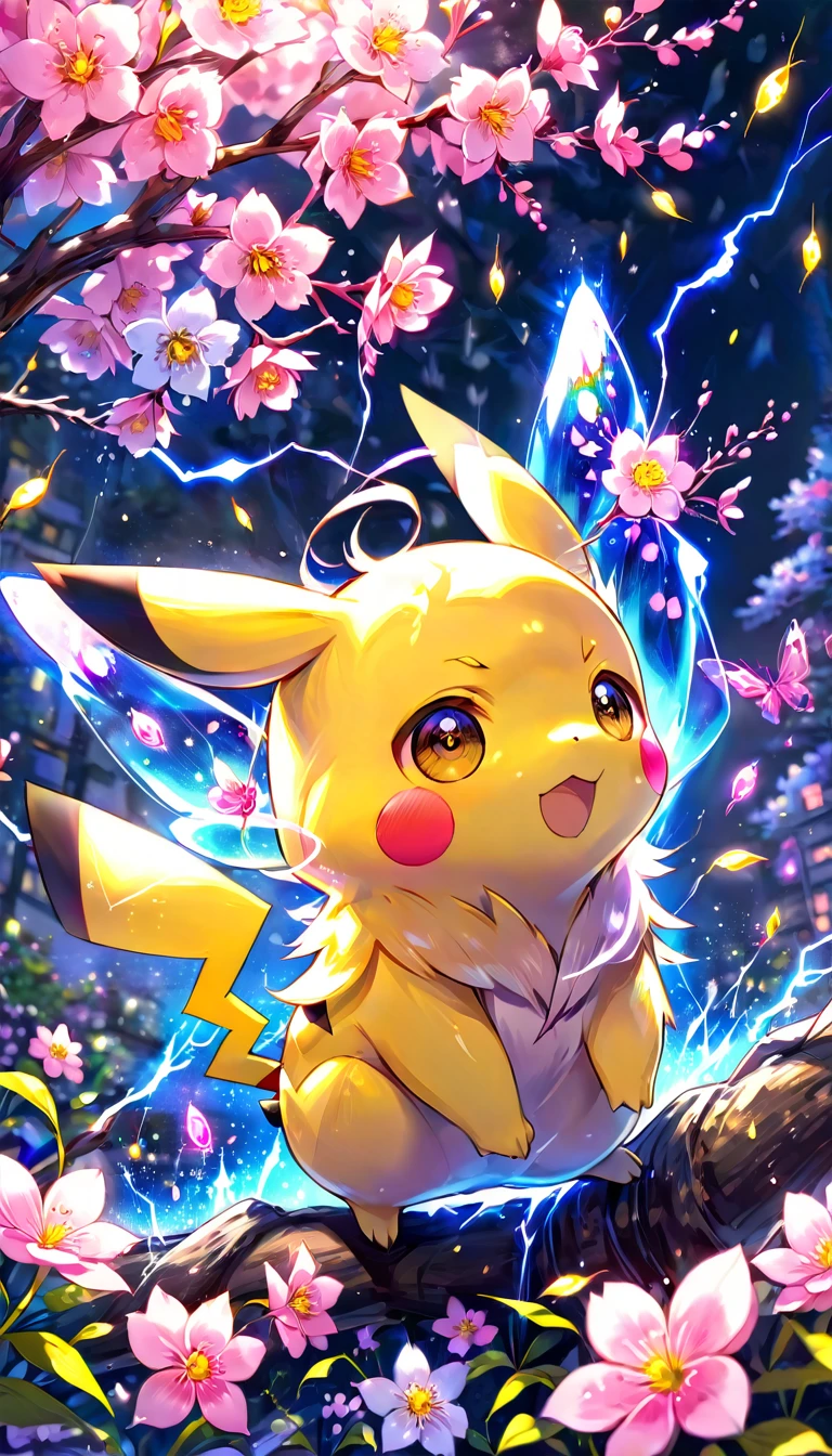 absurdres, highres, ultra detailed, HDR, master piece, Pikachu, Pokemon, extremely cute, best quality, blossoms, pink petals, pink flowers, fantasy, magical, solo, yellow lightning, blue shining fireflies