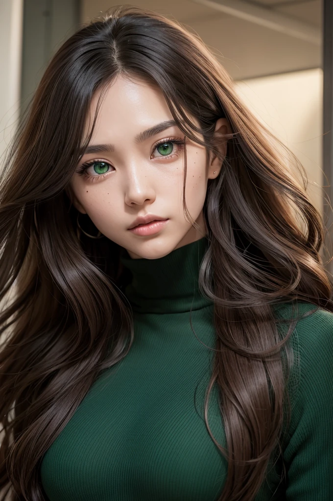 Tokyo revengers, feminine gender, long brown wavy hair, big green eyes, skin black, a mole under the left eye, complete body