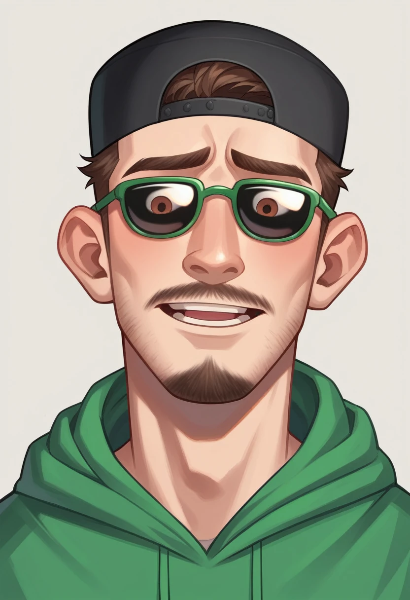 3D Pixar style young man looking down with a black cap and brim forward. Wearing sunglasses with green lenses, Green hooded sweatshirt with drawstring. Medium beard all over the face. Shy laugh in the corner of your mouth. Brown eyes and short hair. The skin is white and the face is slightly plump. 